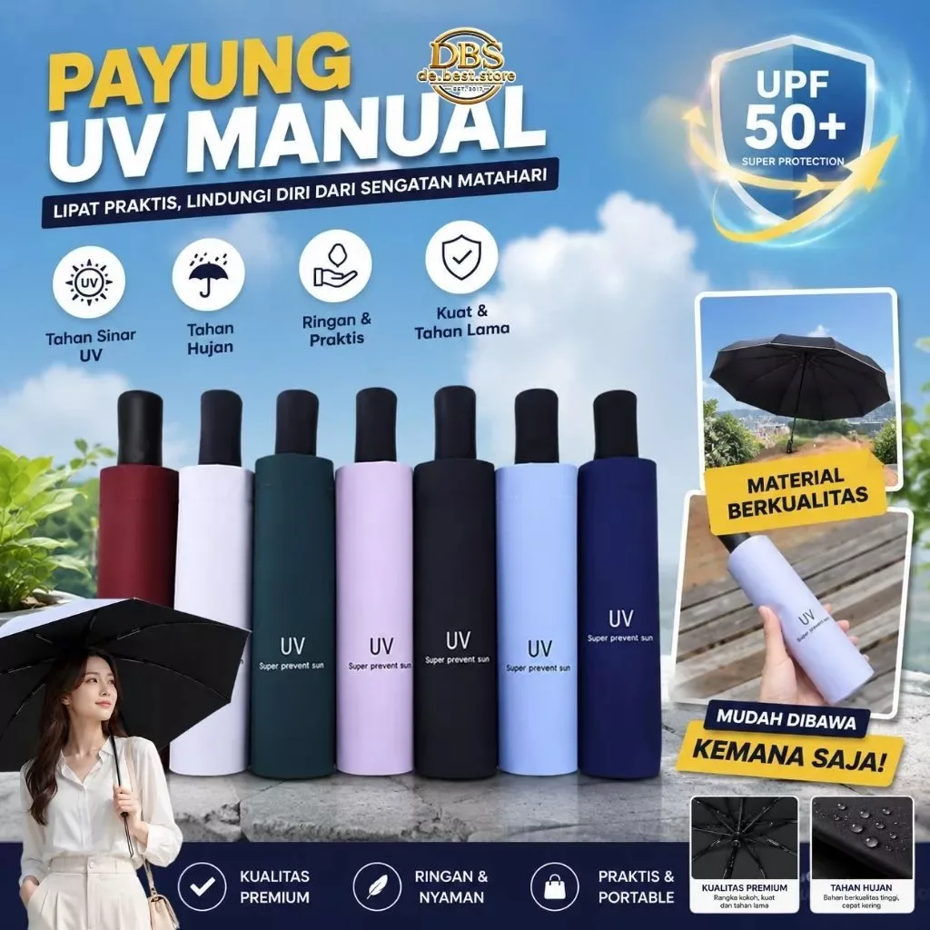 Payung Lipat Anti UV Premium Manual Tebal Kuat dan Kokoh Polos Praktis Anti Hujan Panas