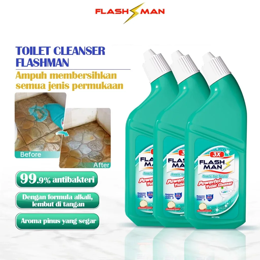 Flashman Cairan Pembersih Toilet WC Kamar Mandi Ampuh Berkerak Noda Membandel Cleaner Extra Kuat Wangi Pinus Tanpa Sikat 500gr