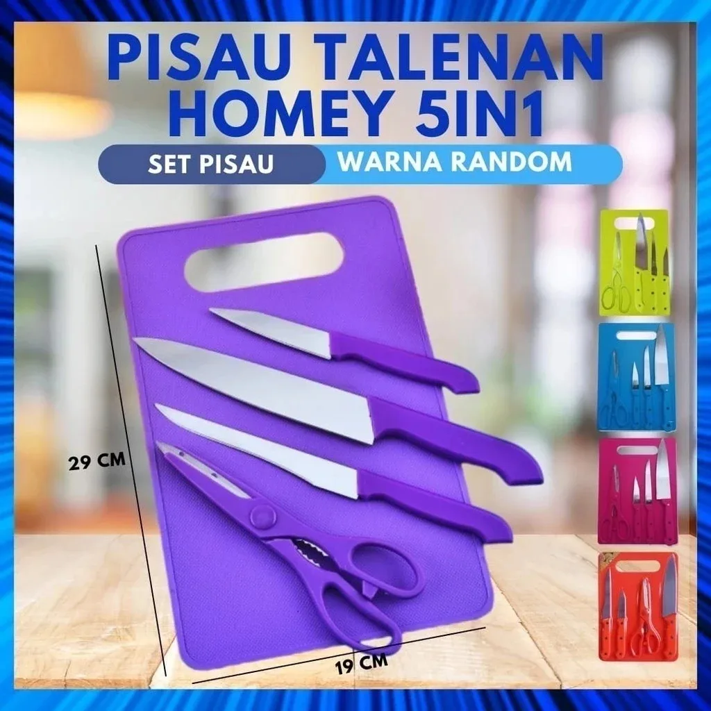 Set Pisau Dapur plus Talenan ( 5 in 1 set pisau dan talenan ) / Pisau Dapur Pisau Roti Pisau Daging Gunting Sayur talenan 5in1 / Cutting Board / set pisau dapur isi 5 pcs